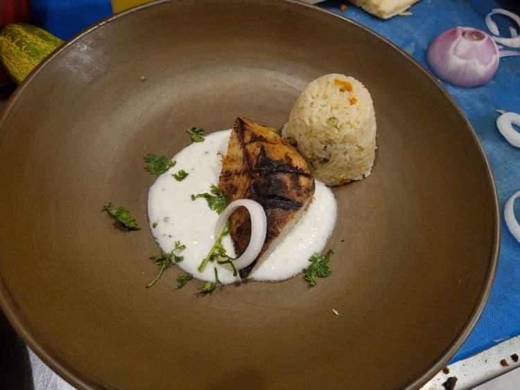 Grilled Indian Fish Steak with Yogurt Sauce and Fried Rice recipe