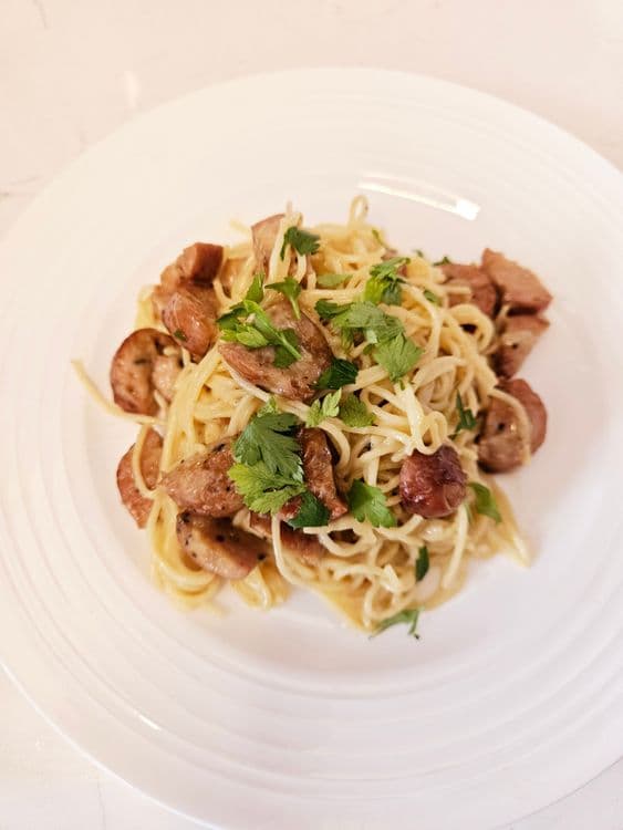 High-Protein Carbonara with Chicken Sausage recipe