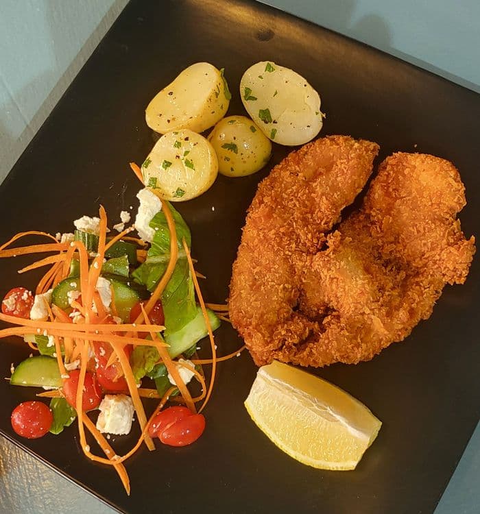 Chicken Schnitzel with Baby Potatoes & Garden Salad recipe