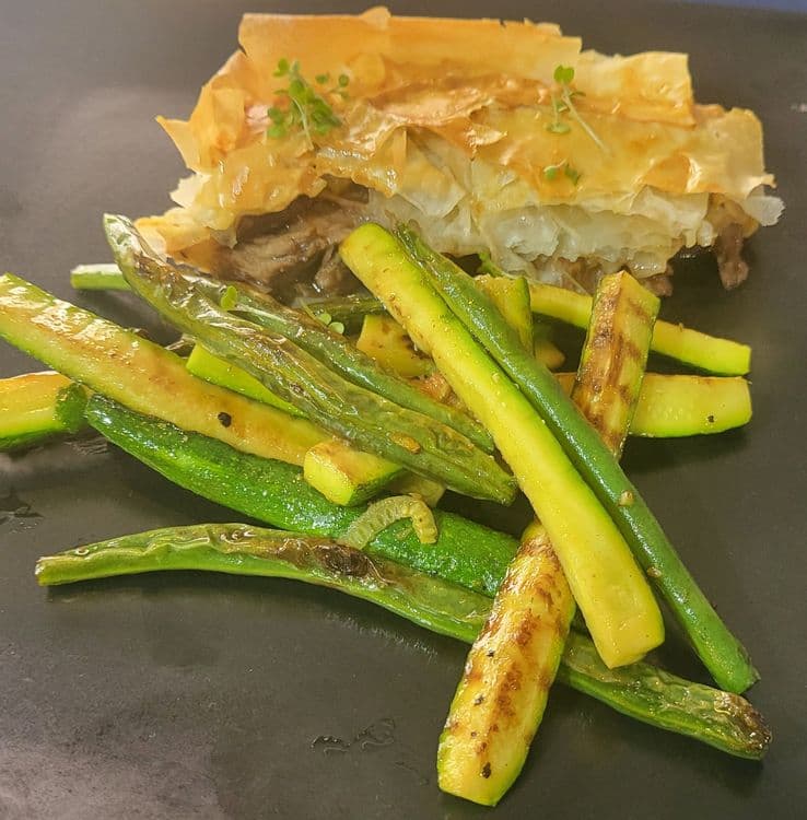 Pulled Beef Phyllo Pie & Sautéed Green Vegetables recipe