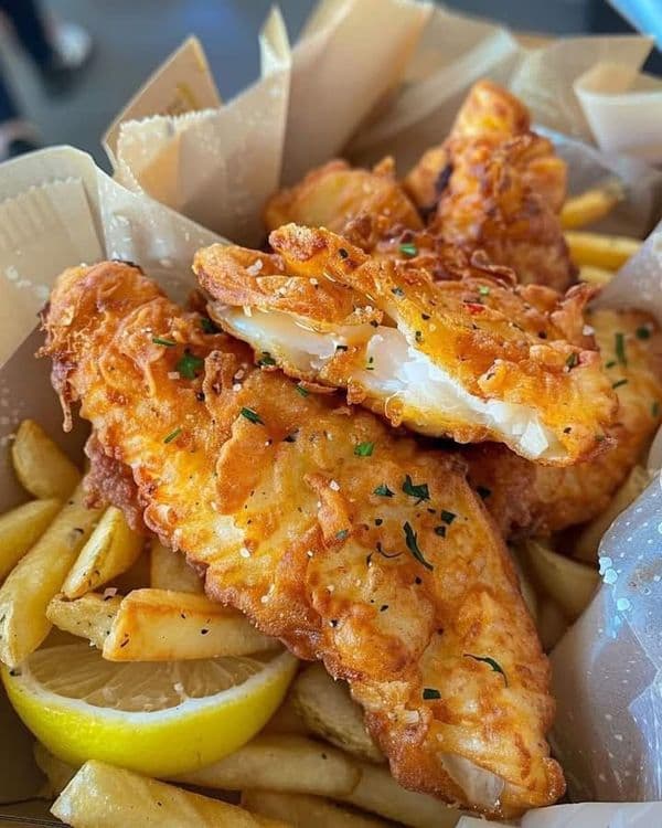 Battered Fish Fingers with Crispy Chips recipe