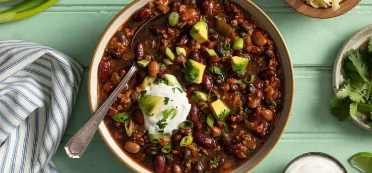 Three-Bean Chili with Avocado and Lime recipe
